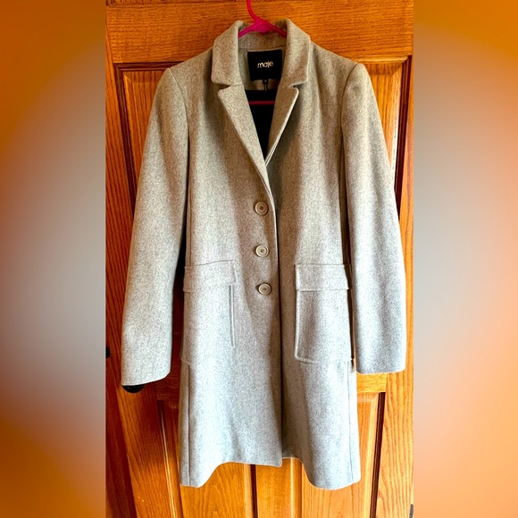 Grey Wool Coat  by Maje, New, Size 38  (8 US)  Mid Length Pockets Bulgaria - Picture 1 of 7